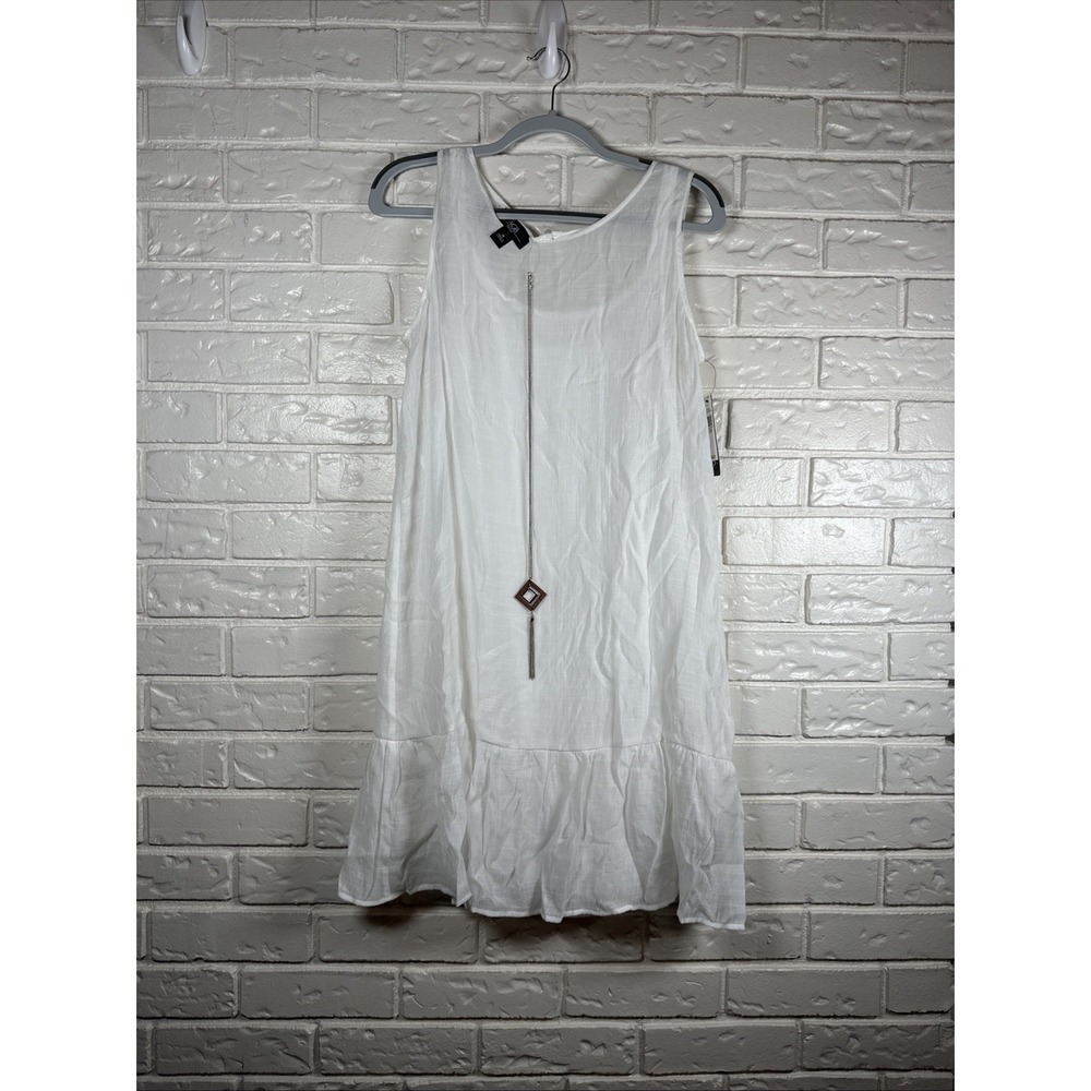 AGB NWT Women's Size M Gauze Sheer‎ Flounce Hem Dress Necklace Sleeveless White